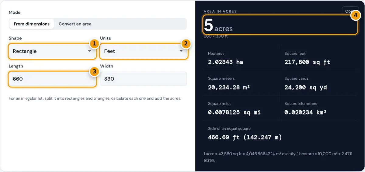 How to use the acres calculator: choose a shape and unit, enter length and width, read the acreage