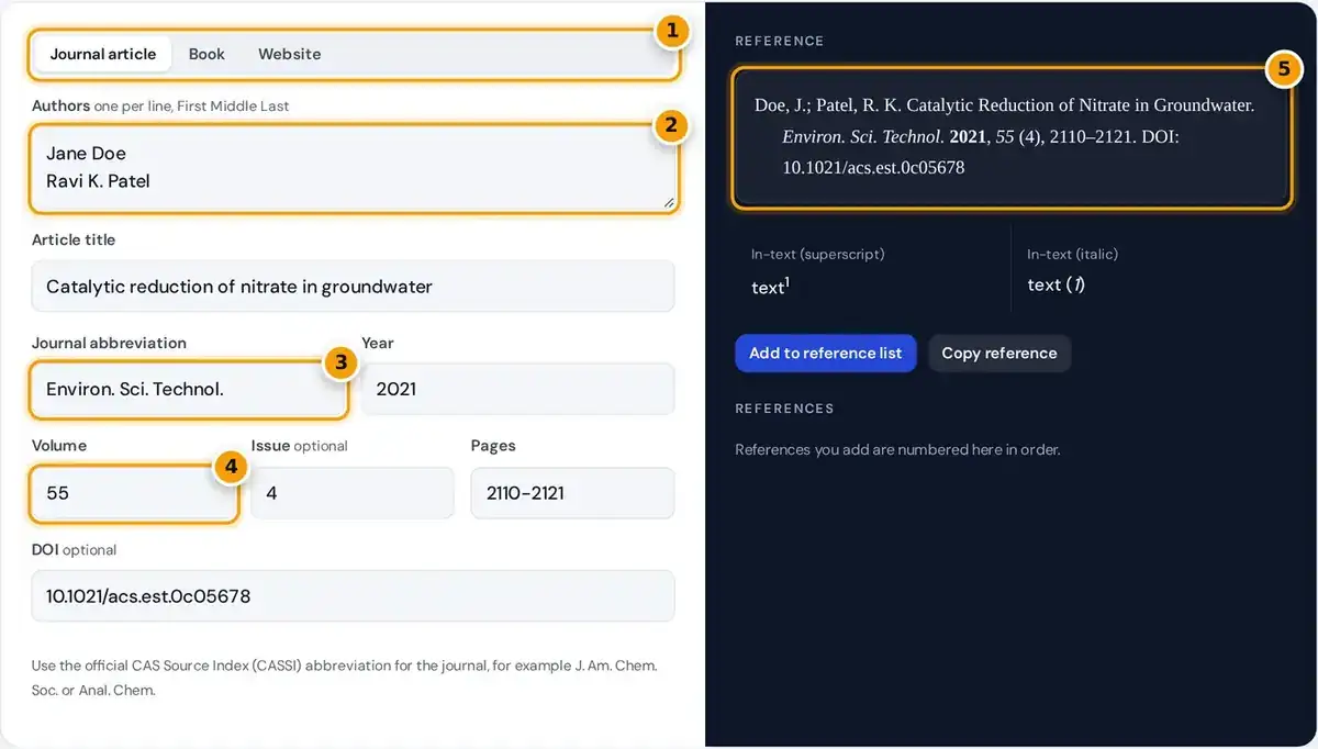 How to use the ACS citation generator: enter authors, journal abbreviation, volume and pages, then copy the reference.