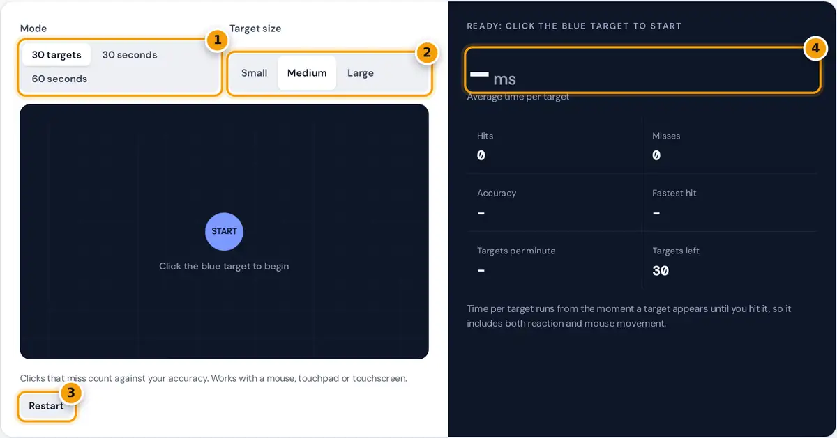 How to use the aim test: choose a mode and target size, click the targets, then read your average time per target