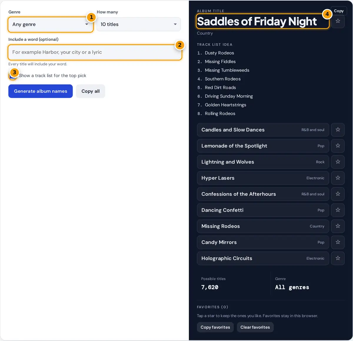 How to use the album name generator: choose a genre, add a word, then copy titles and track ideas