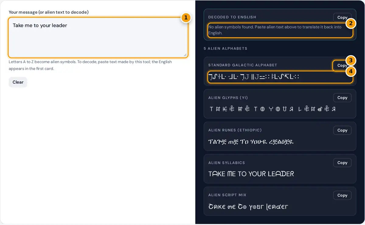 How to use the alien text generator: type a message, copy an alien alphabet, or paste alien text to decode