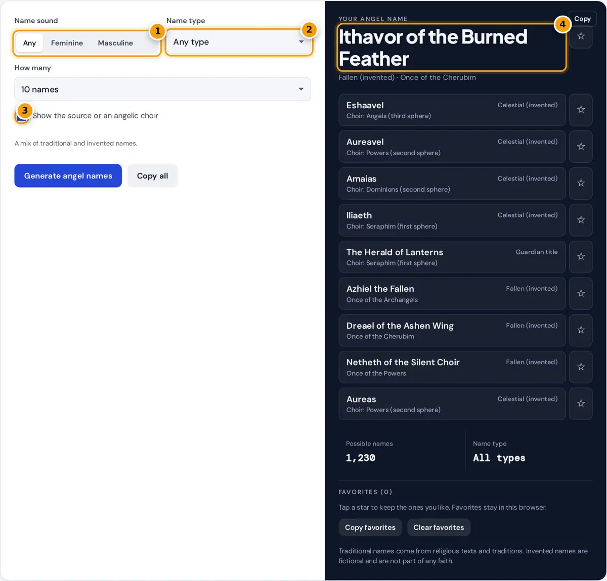 How to use the angel name generator: pick a sound and type, show sources, then copy or save angel names
