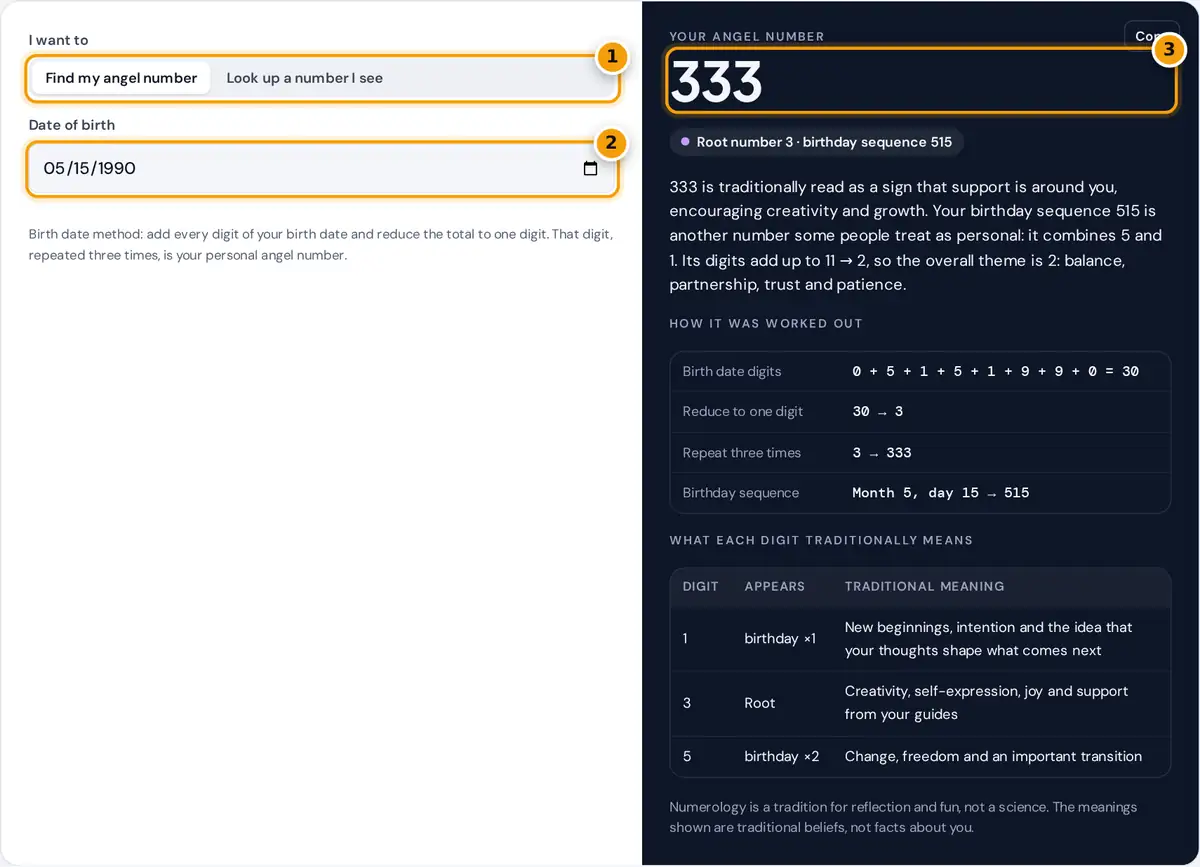 How to use the angel number calculator: pick a mode, enter a birth date or number, read the meaning