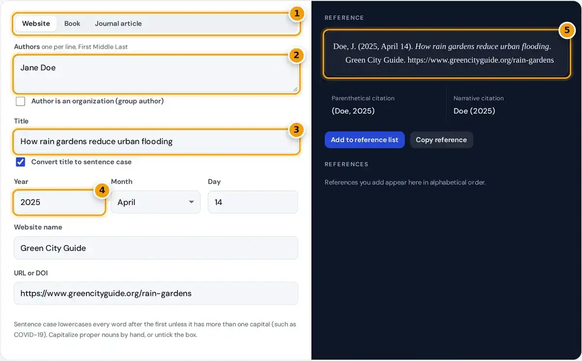 How to use the APA citation generator: pick a source, enter author, title and date, then copy the APA 7 reference.