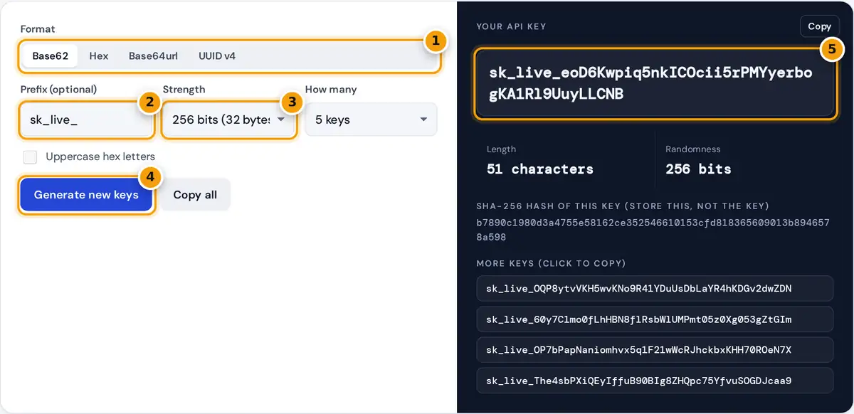 How to use the API key generator: pick format, prefix and strength, generate, then copy the key and its hash