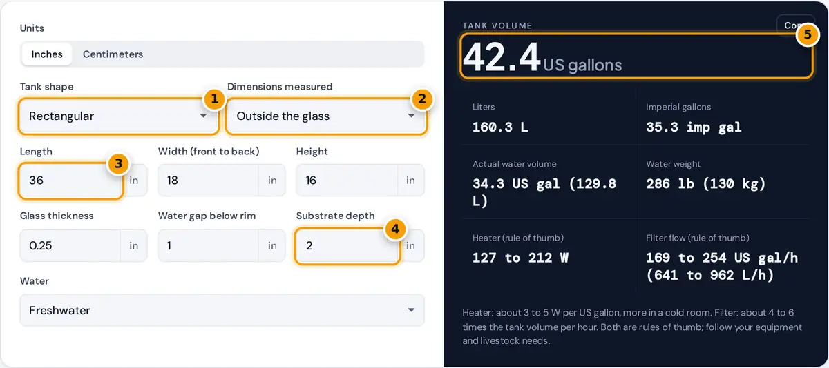 How to use the aquarium calculator: pick shape, enter dimensions, glass and substrate, read volume and weight