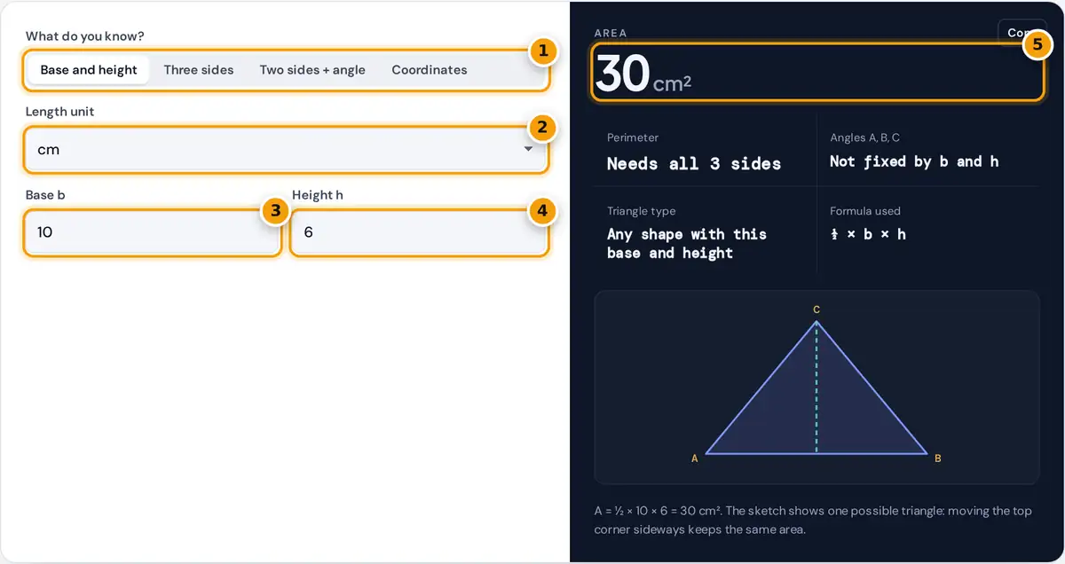 How to use the Area of a Triangle Calculator: method switch, unit, base, height and area