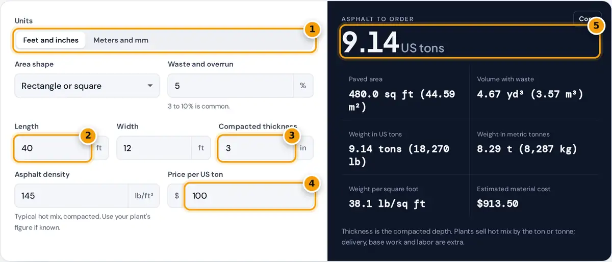 How to use the asphalt calculator: pick units, enter size and thickness, set price, read tons to order