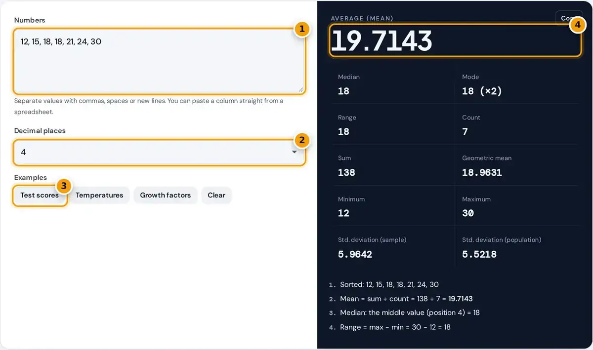 How to use the average calculator: paste numbers, set decimal places, try an example and read the mean