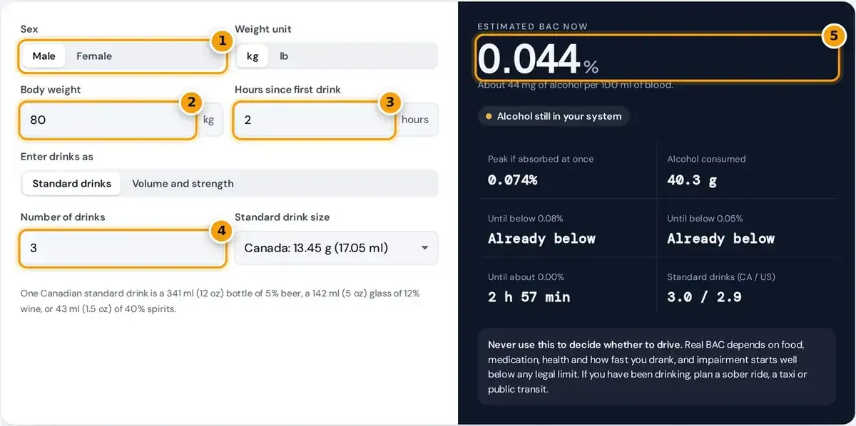 How to use the BAC calculator: enter sex, weight, hours and standard drinks, then read your estimated BAC