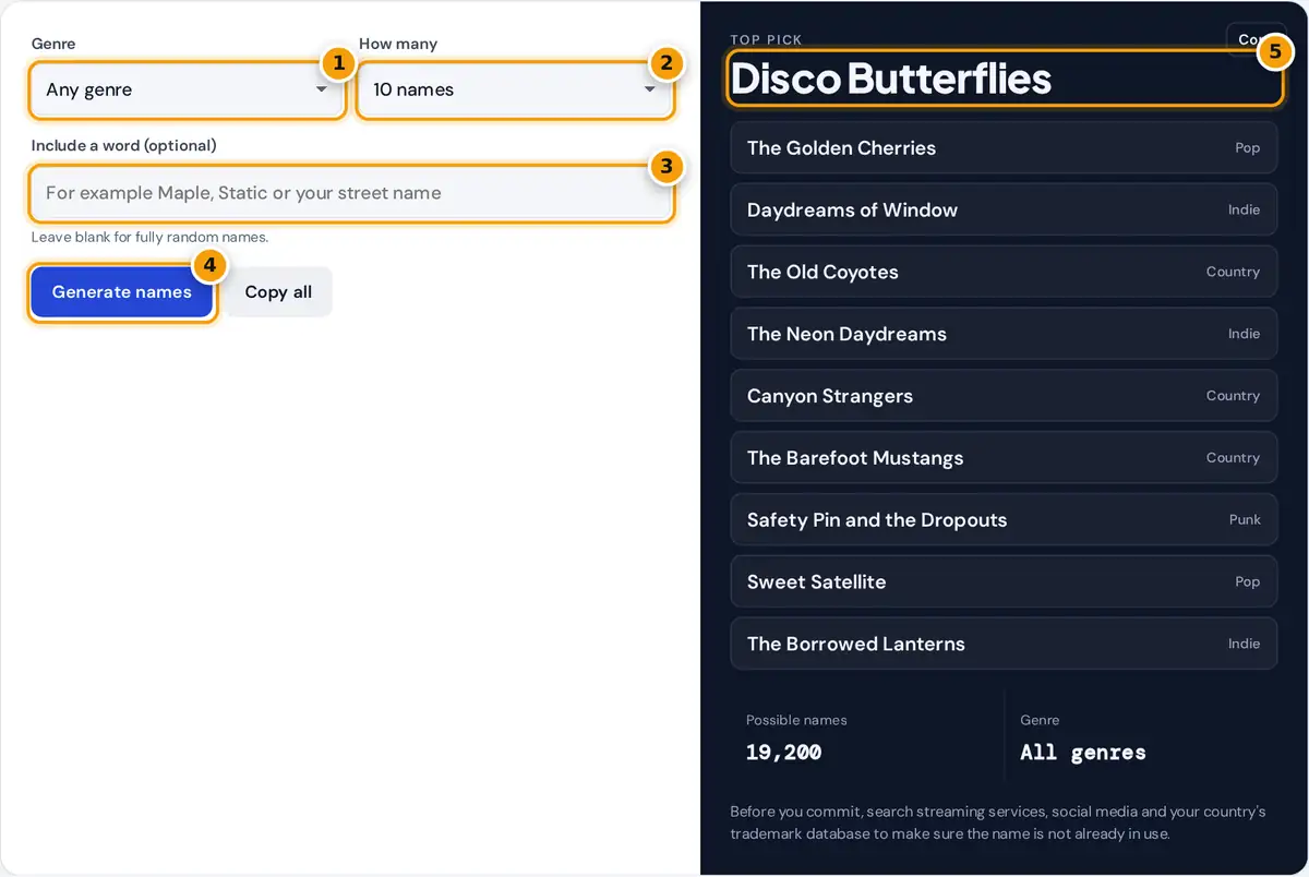 How to use the band name generator: pick a genre and count, add a word, press generate and copy names