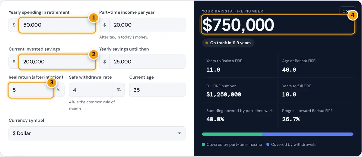 How to use the Barista FIRE calculator: enter spending, part-time income, savings and returns, then read your number