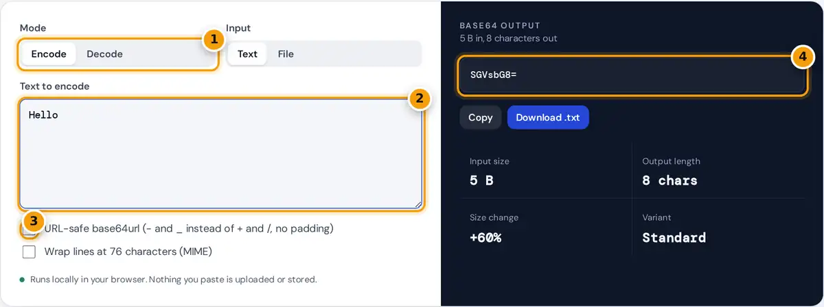 How to use the Base64 encoder decoder: pick encode or decode, enter text or a file, set options, copy the result