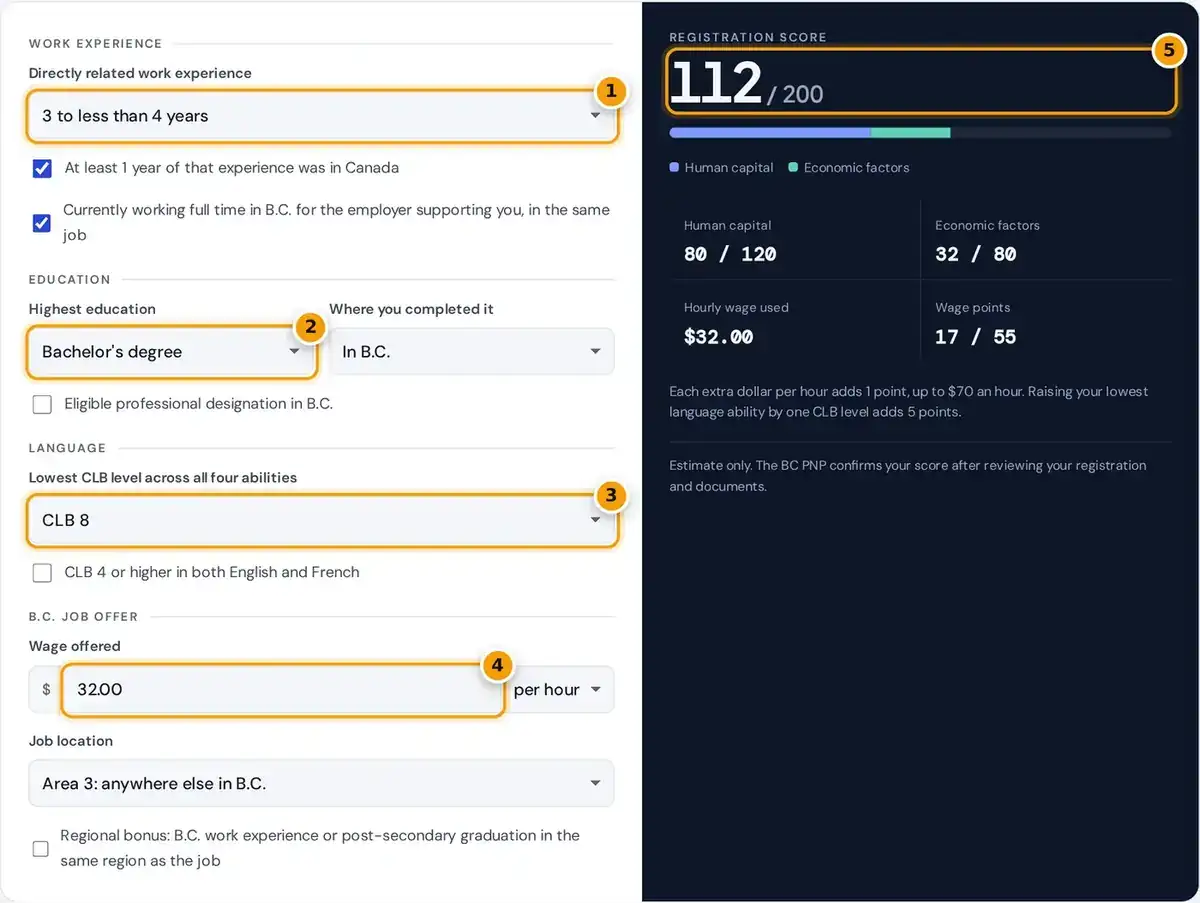How to use the BC PNP calculator: set experience, education, language, wage and job area to see your SIRS score