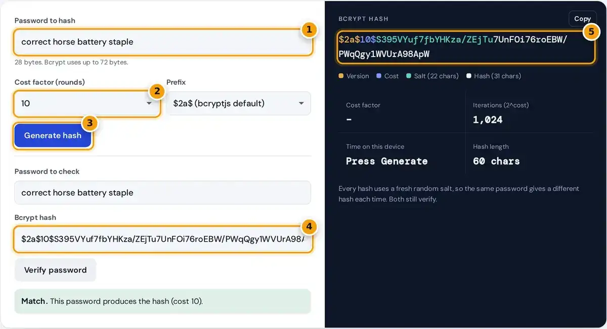 How to use the bcrypt generator: enter a password, pick the cost factor, generate, verify a hash and copy it