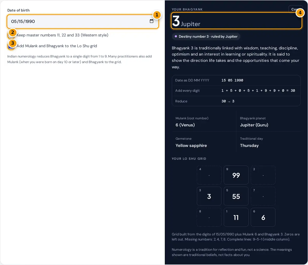How to use the Bhagyank calculator: enter your birth date, choose options, read the destiny number and grid