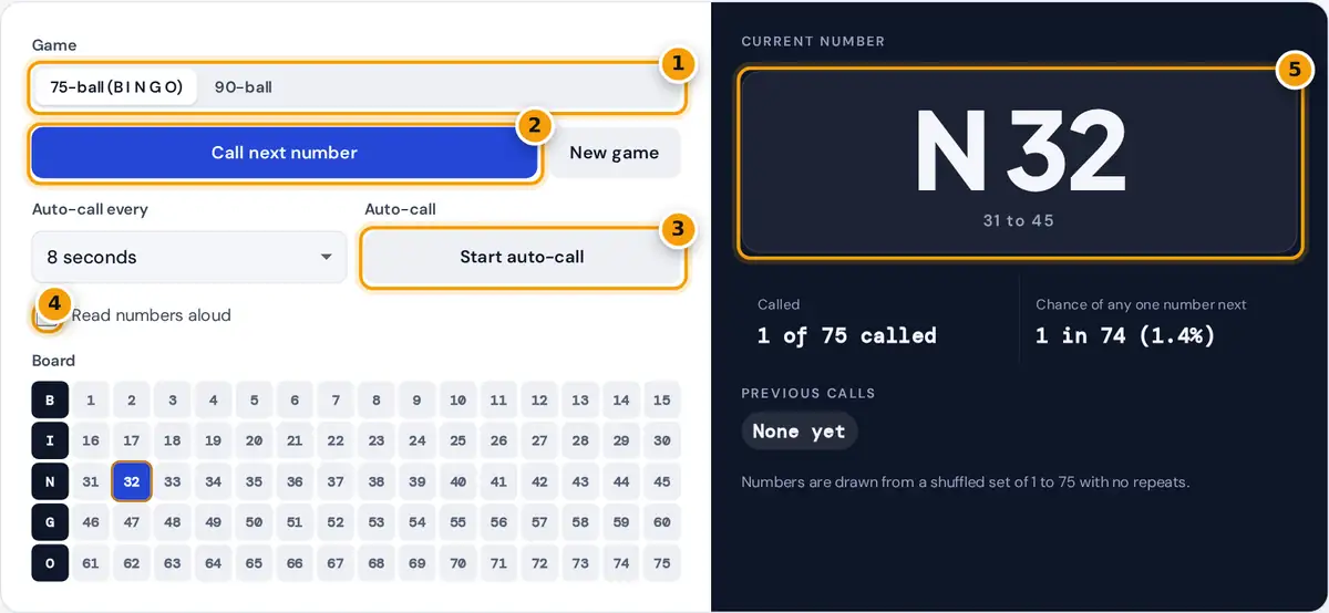 How to use the bingo number generator: choose 75 or 90-ball, call a number or start auto-call, read the current number