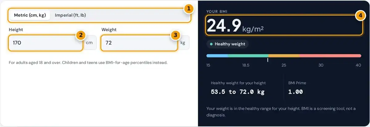 How to use the BMI calculator: pick units, enter height and weight, then read your BMI and healthy range