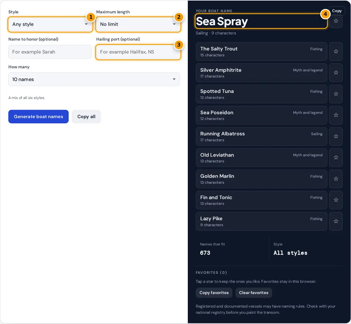 How to use the boat name generator: pick a style and length, add a name and port, then copy or save