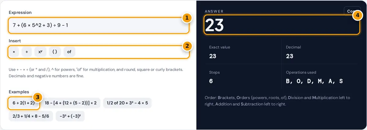 How to use the BODMAS Calculator: expression box, symbol buttons, examples and the answer
