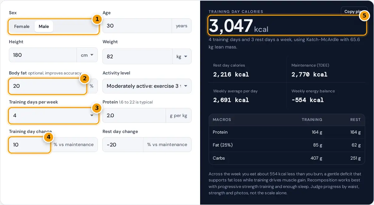 How to use the body recomposition calculator: enter stats, body fat, training days and calorie cycling