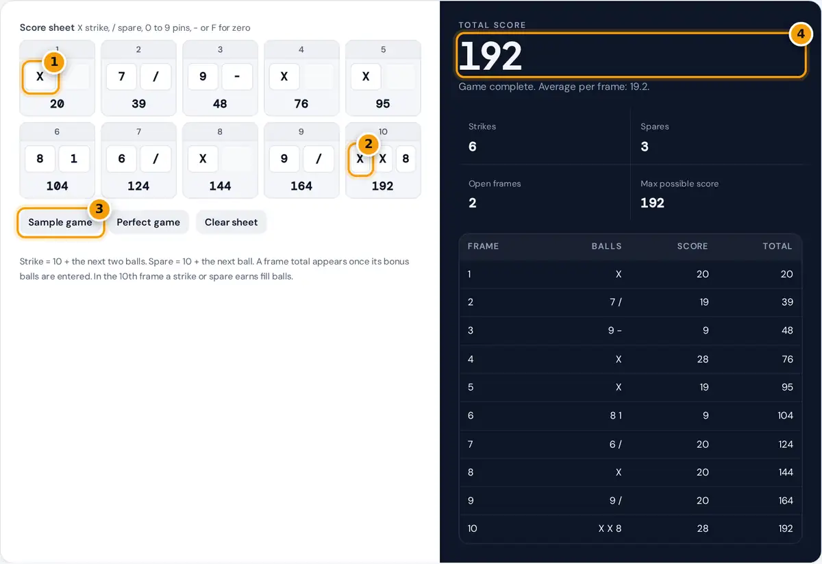 How to use the bowling score calculator: type each ball into the frames and read the running total