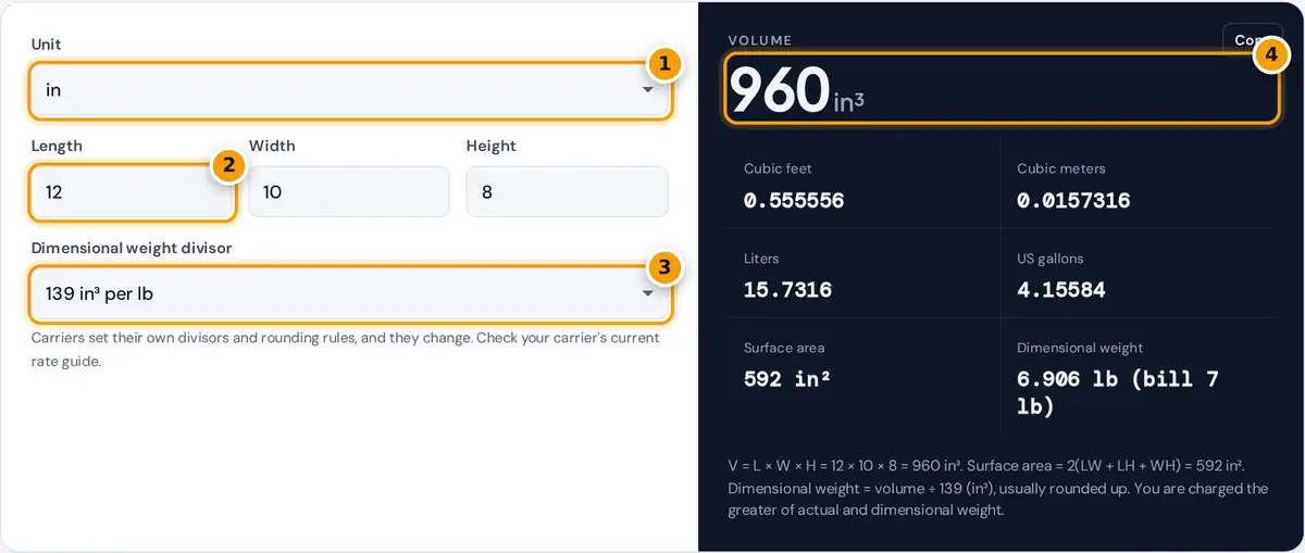 How to use the Box Volume Calculator: unit, length, width, height, divisor and volume