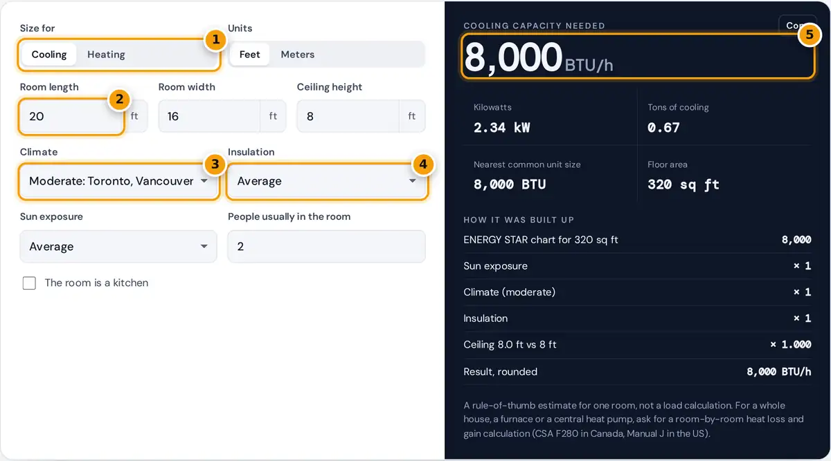How to use the BTU calculator: choose cooling or heating, enter room size, climate and insulation, read BTUs