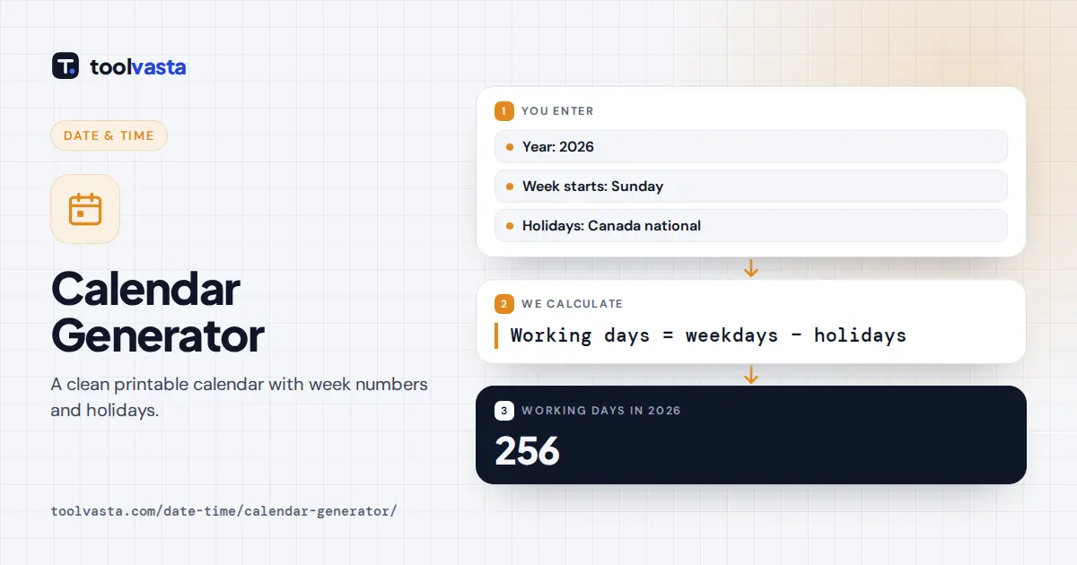 Calendar generator diagram: 2026 calendar with Canadian holidays has 256 working days