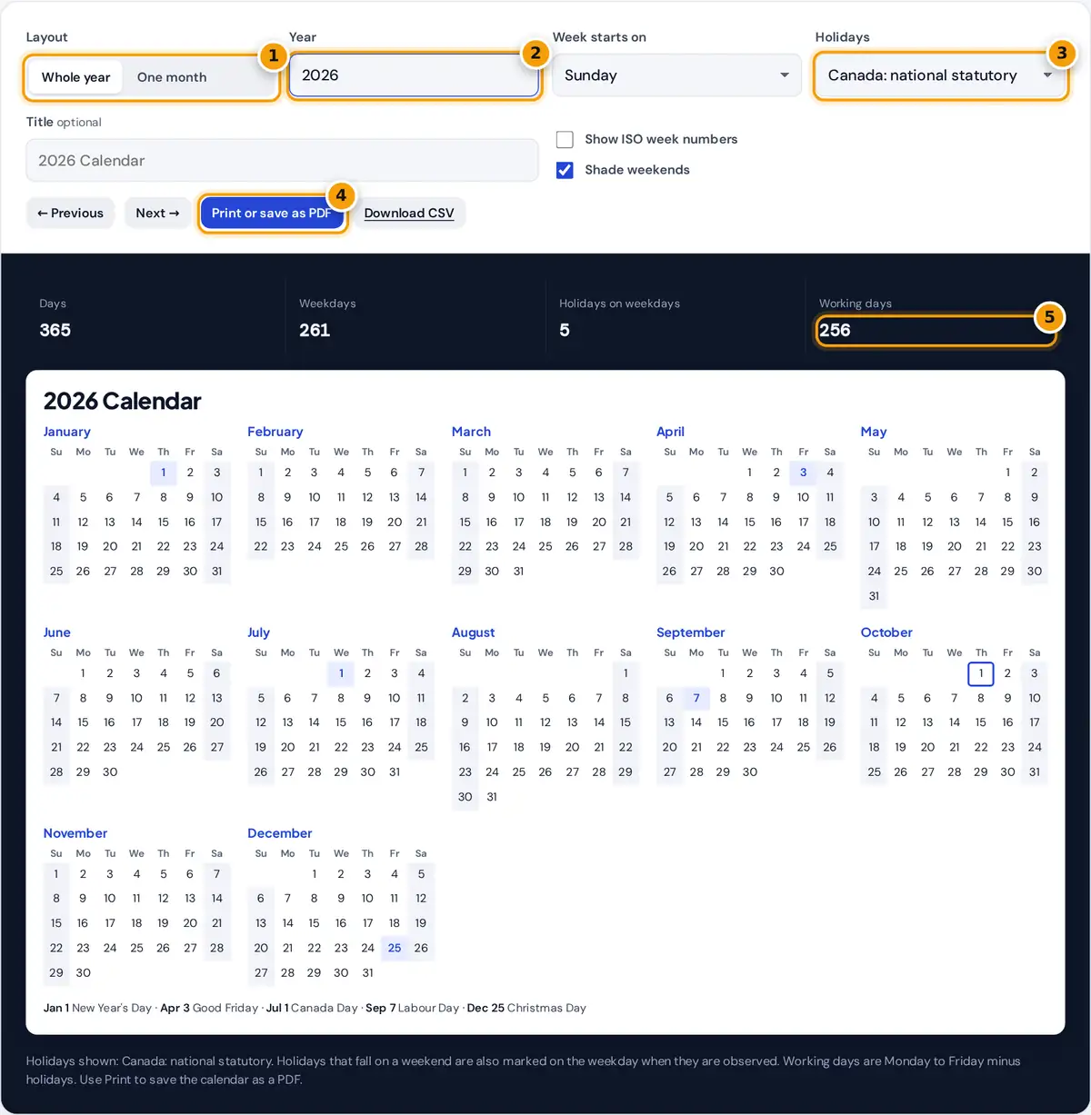 How to use the calendar generator: choose layout, year and holidays, then print or download