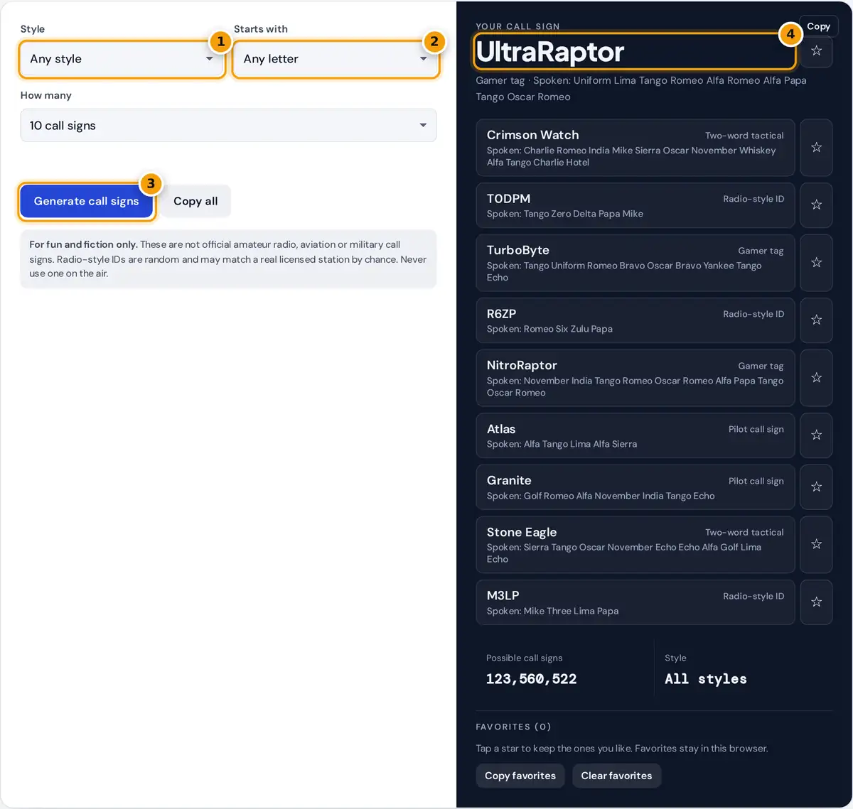 How to use the call sign generator: choose style and first letter, then copy a creative call sign