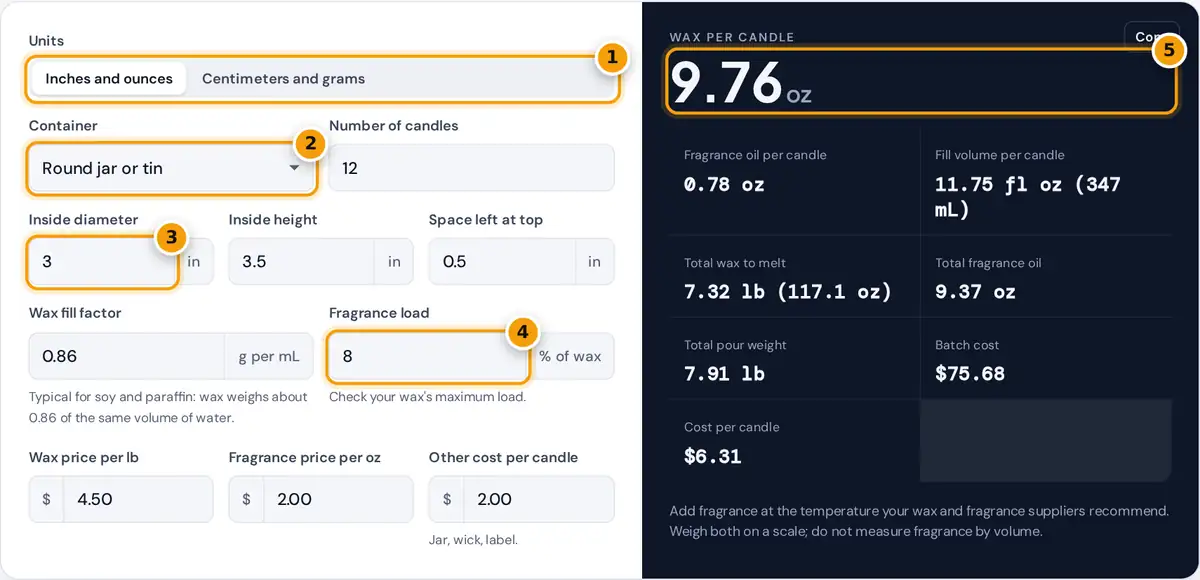 How to use the candle calculator: choose units and container, enter size and fragrance load, read wax