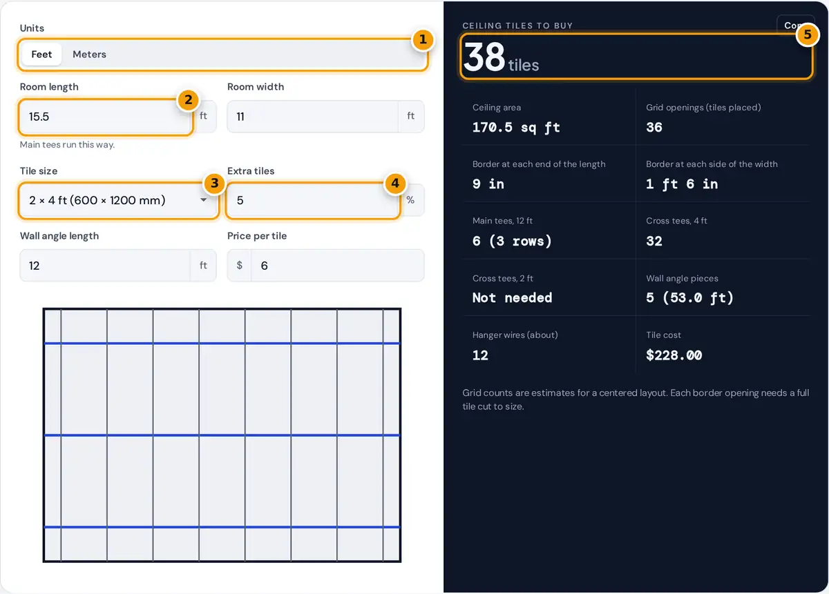 How to use the ceiling tile calculator: choose units, enter room size and tile size, read tiles and grid