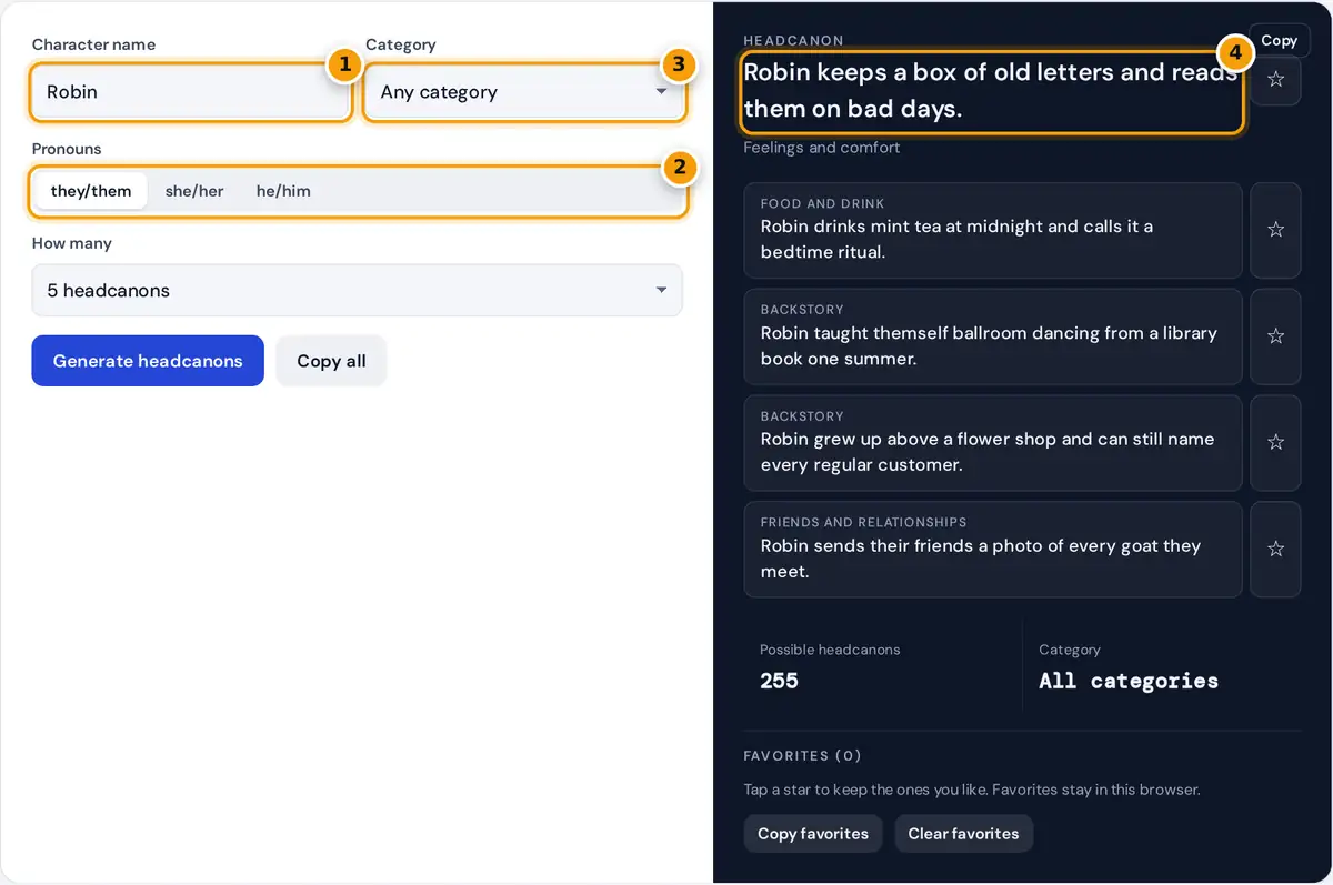 How to use the character headcanon generator: enter a name, pick pronouns and a category, then copy