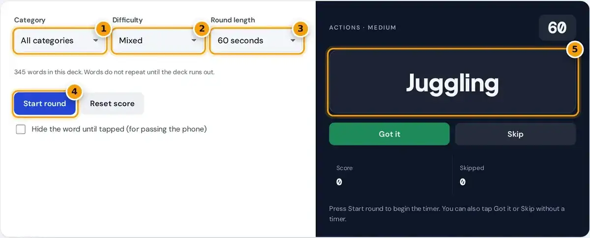 How to use the charades generator: pick category, difficulty and time, start the round and act