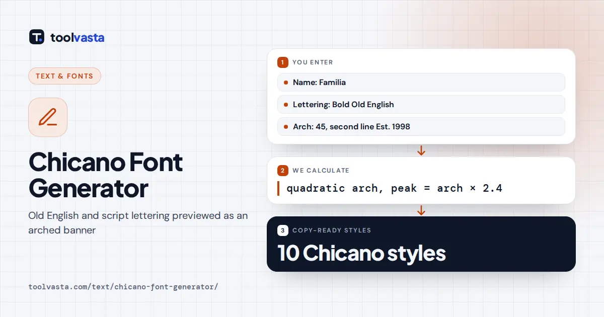 Chicano Font Generator diagram: a name in Old English letters bent into an arched tattoo banner