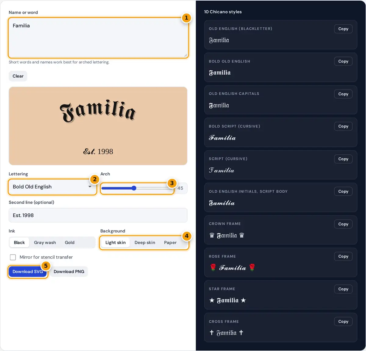 How to use the Chicano Font Generator: type a name, choose lettering and arch, preview and download