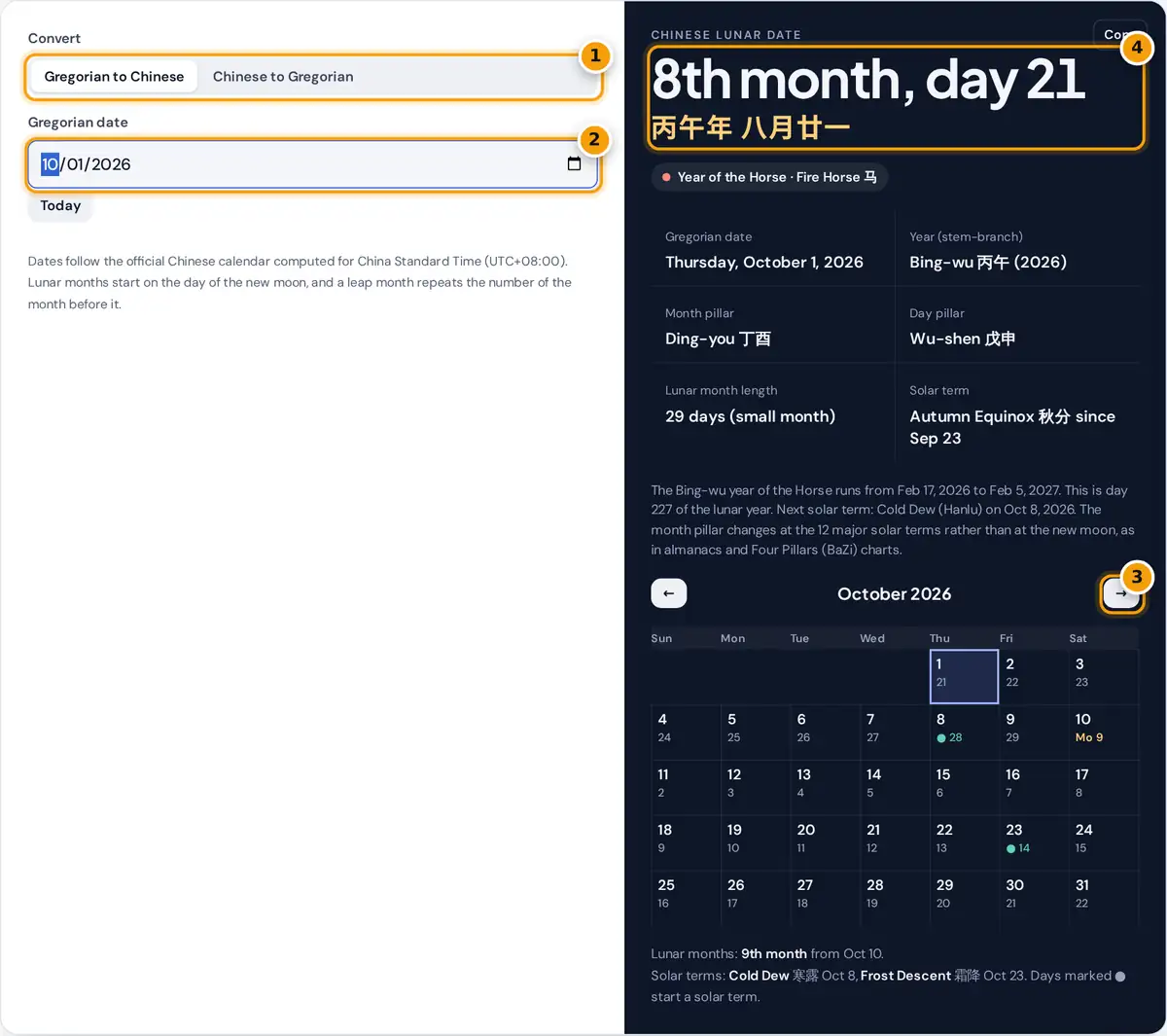 How to use the Chinese calendar calculator: choose a direction, enter a date, read the lunar date and ganzhi