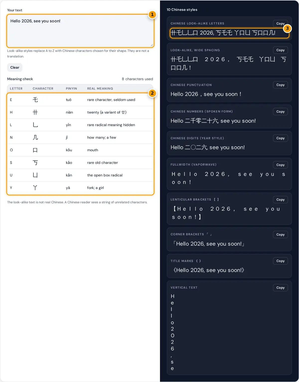 How to use the Chinese Font Generator: type text, check the meaning table, then copy a Chinese style