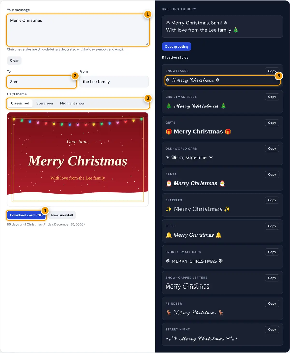 How to use the Christmas Font Generator: type a message, add names, pick a theme, download the card or copy text
