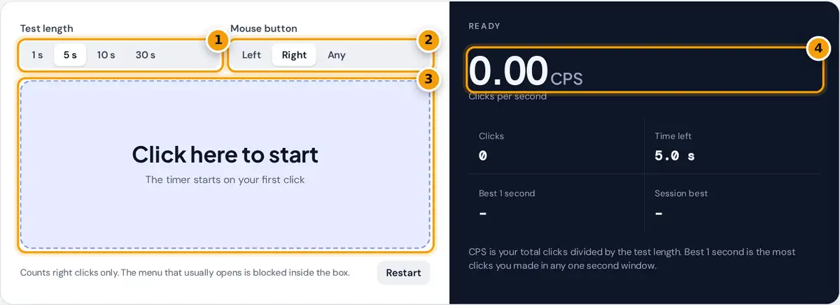 How to use the right click CPS test: pick a length and button, click the box fast, then read your CPS
