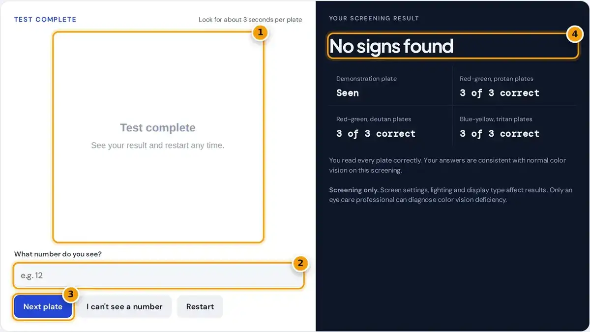 How to use the color blind test: view each plate, type the number, then read your result by type