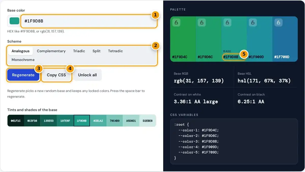 How to use the color palette generator: enter a base color, pick a scheme, regenerate and copy CSS