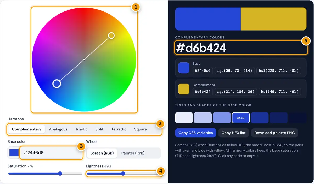 How to use the color wheel: drag the marker, pick a harmony, adjust lightness and copy the color codes