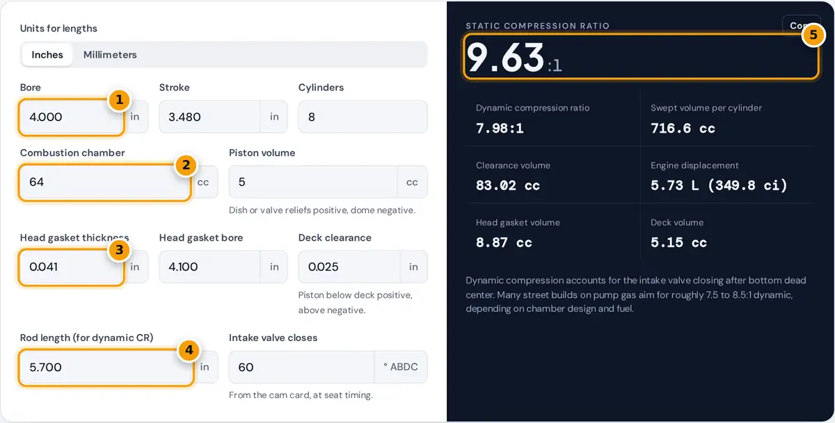 How to use the compression ratio calculator: enter bore, stroke, chamber, gasket and deck, then read static and dynamic CR