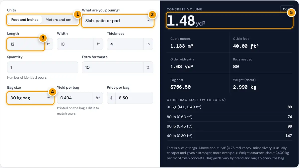 How to use the concrete calculator: choose units and shape, enter dimensions, pick a bag size, read volume and bags