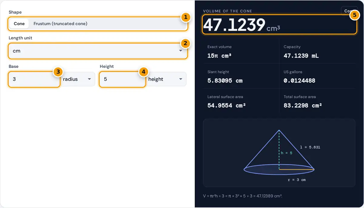 How to use the Cone Volume Calculator: shape switch, unit, radius, height and volume result