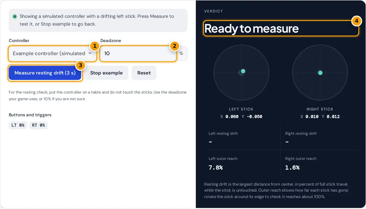 How to use the stick drift test: select a controller, set the deadzone, measure resting drift, read the verdict