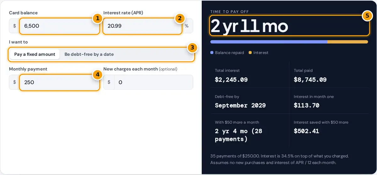 How to use the credit card payoff calculator: enter balance, APR and monthly payment, then read time to pay off