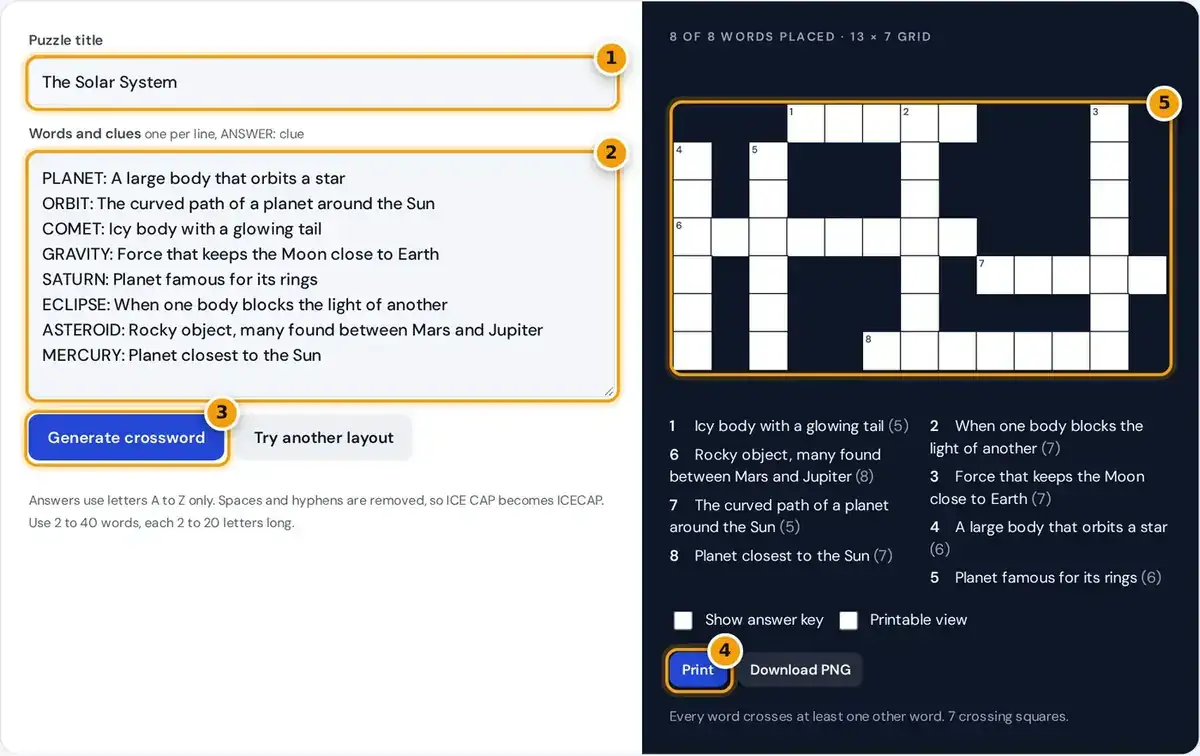 How to use the crossword puzzle maker: add a title, words and clues, generate the grid, then print or save a PNG.